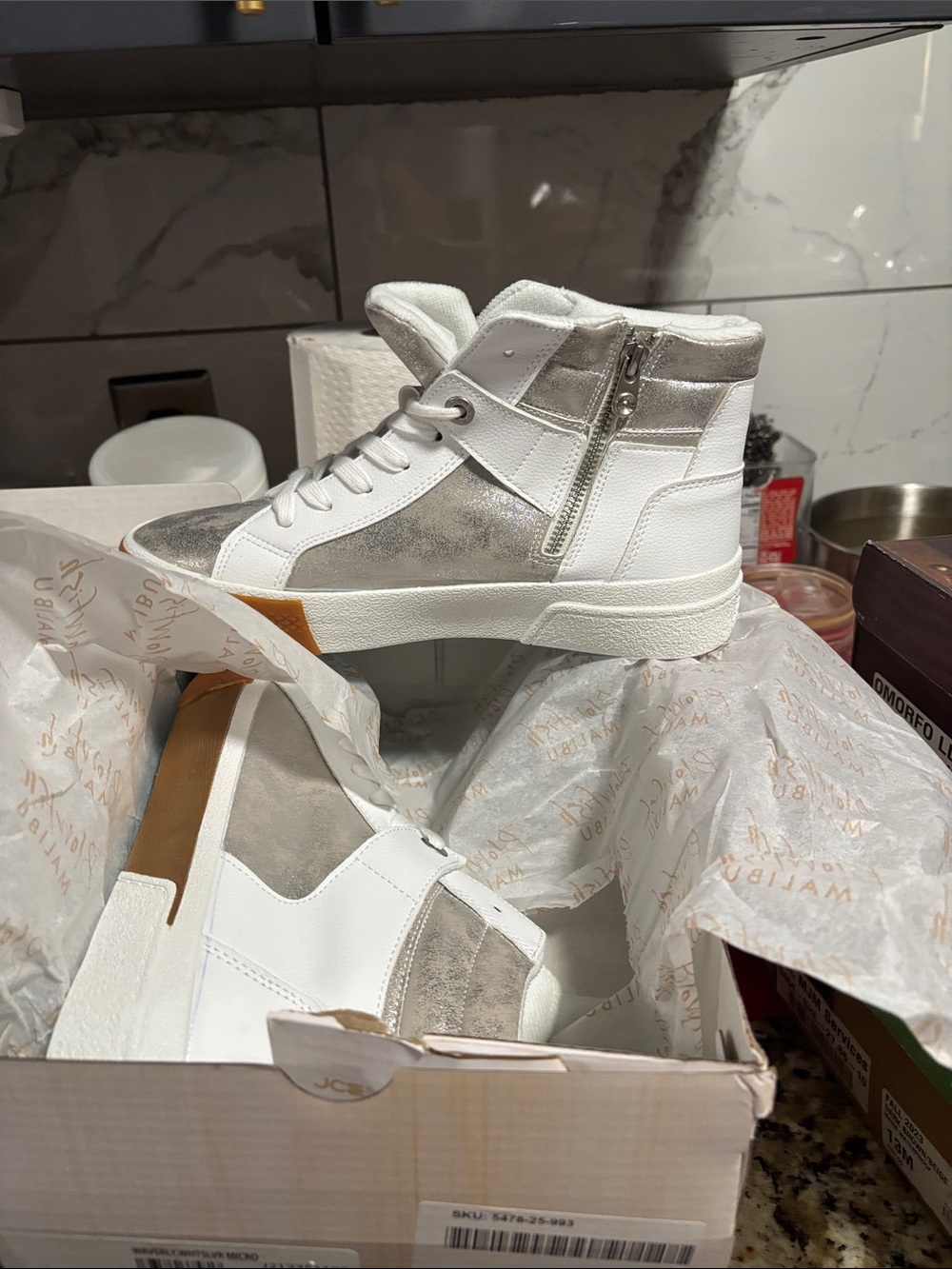 Blowfish White, Silver and Tan High-Top Sneakers#010